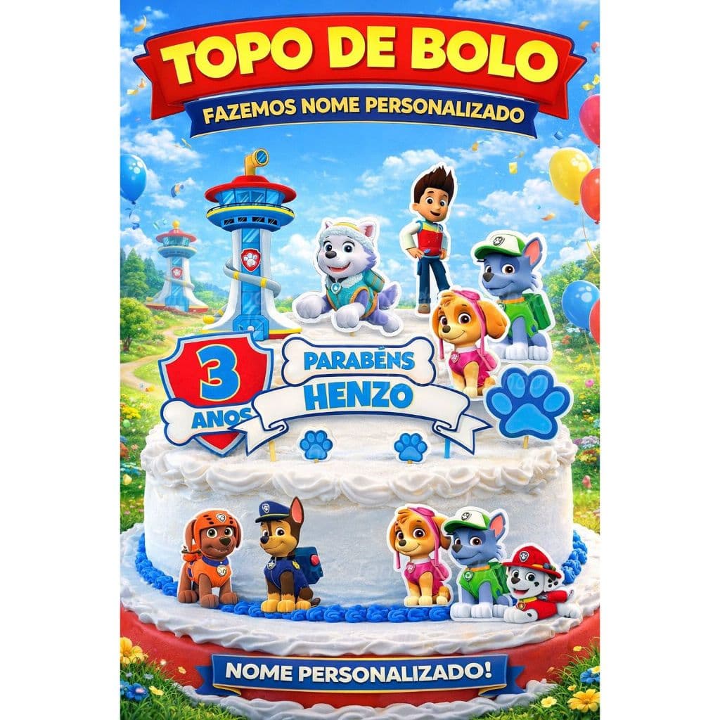 Topo Topper de Bolo Tema Personalizado Patrulha Canina