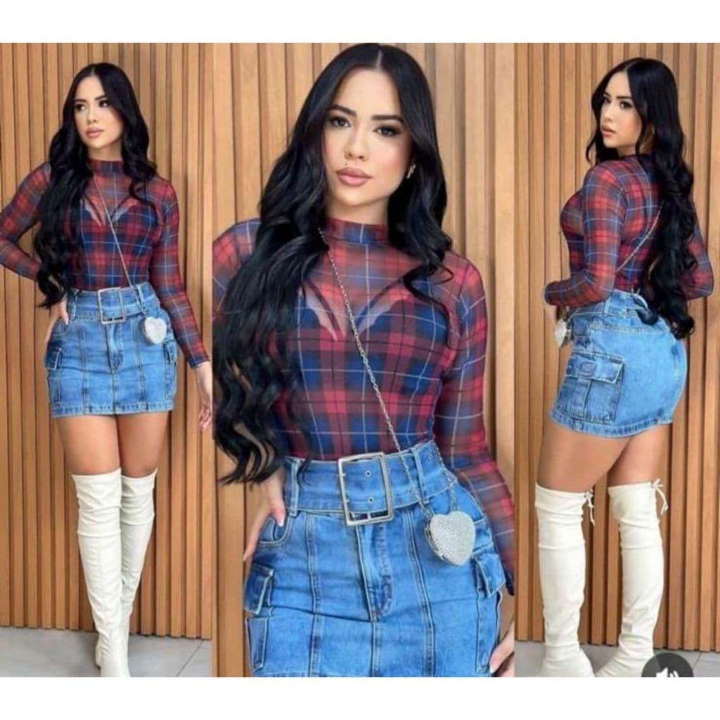Body Feminino Tule Xadrez Quadriculado Moda Outono e Inverno