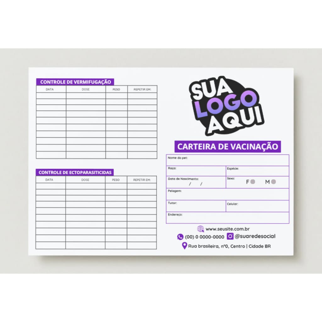 Carteiras de Vacinação Pet Personalizadas 4 Páginas | Para Clínica Veterinária e Pet Shop, 30, 60 e 120 unidades