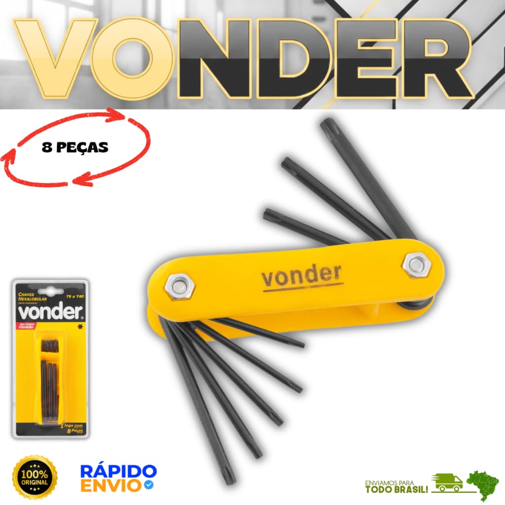 Chave Allen Torx L Jogo 8 PeçasT9 T10 T15 T20 T25 T27 T30 e T40 Hexalobular Vonder Oferta Premium