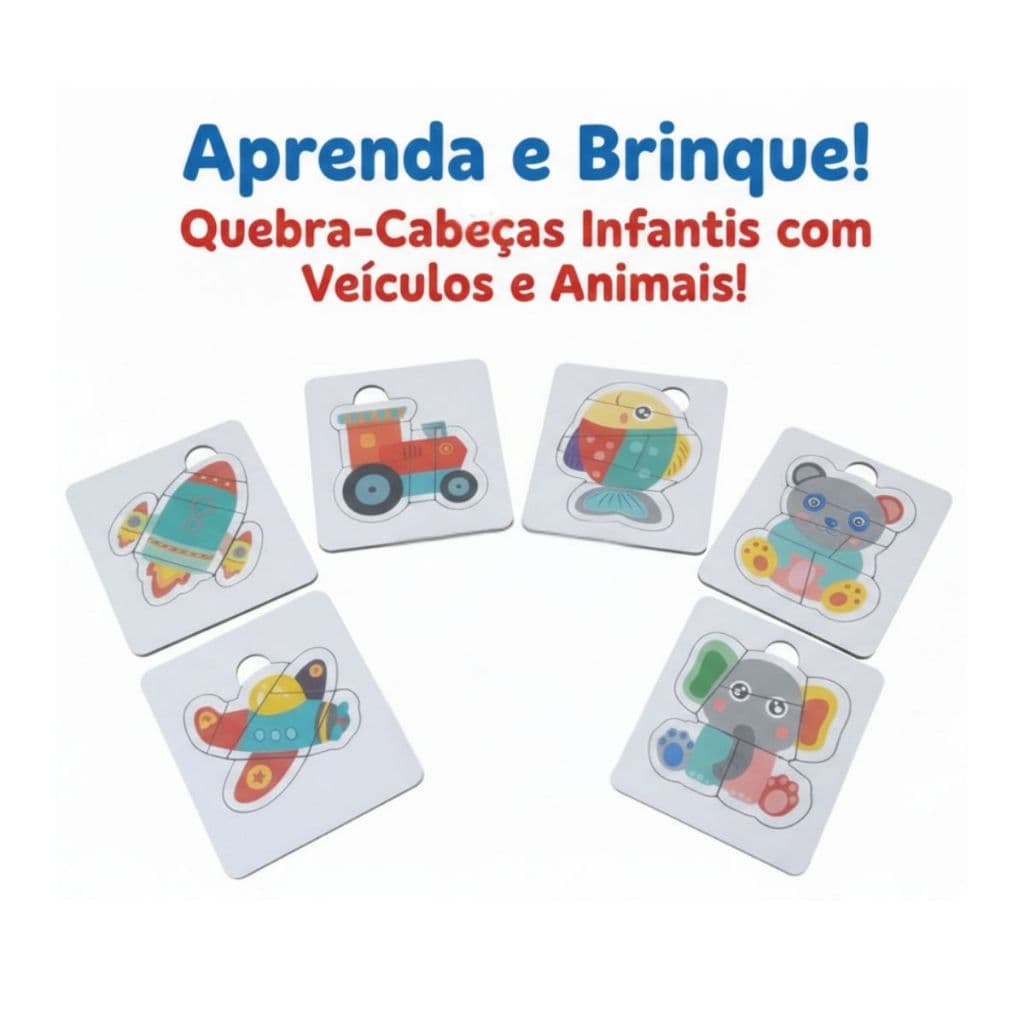 Kit 6 Quebra-Cabeças Infantil 3D Madeira Educativo Pedagógico Animais ou Veículos