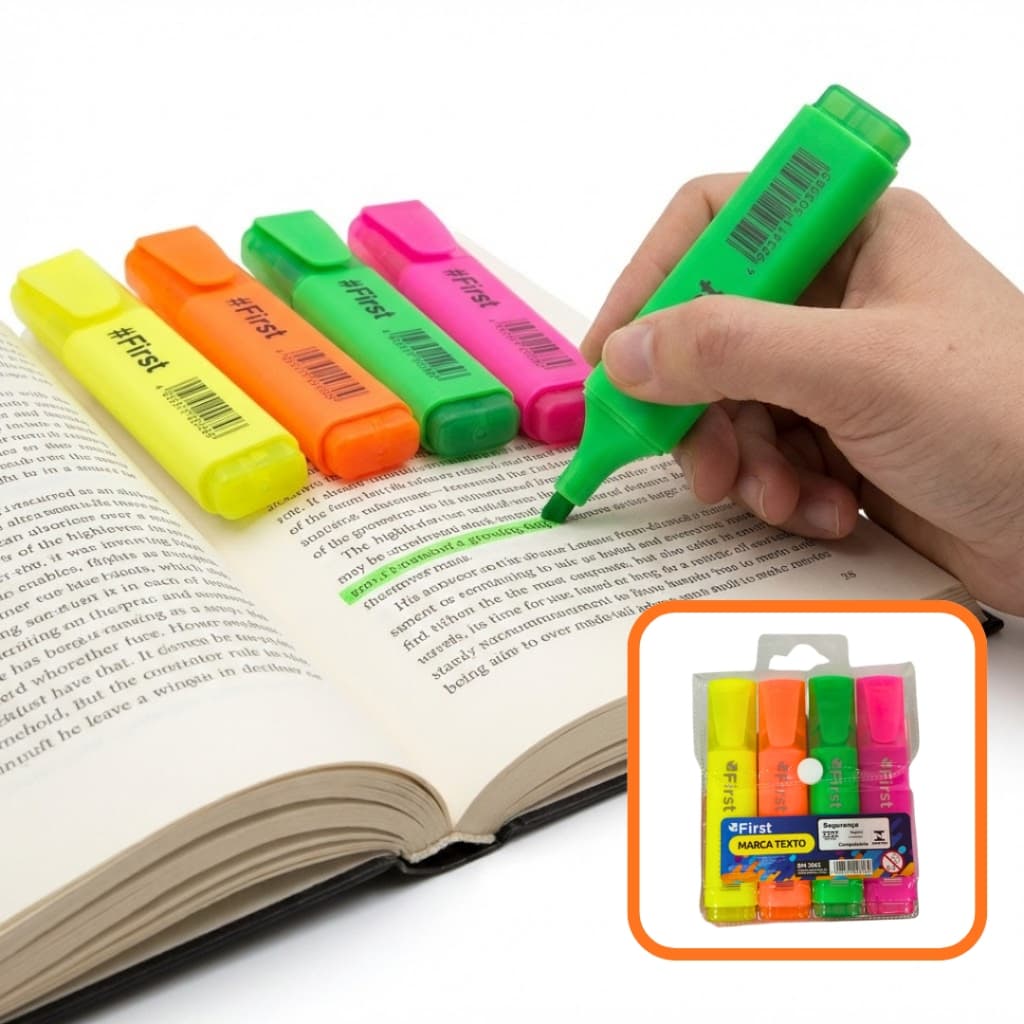 Kit Marcador de Texto Marca Texto Estojo 4 Cores Neon da First Caneta Escolar