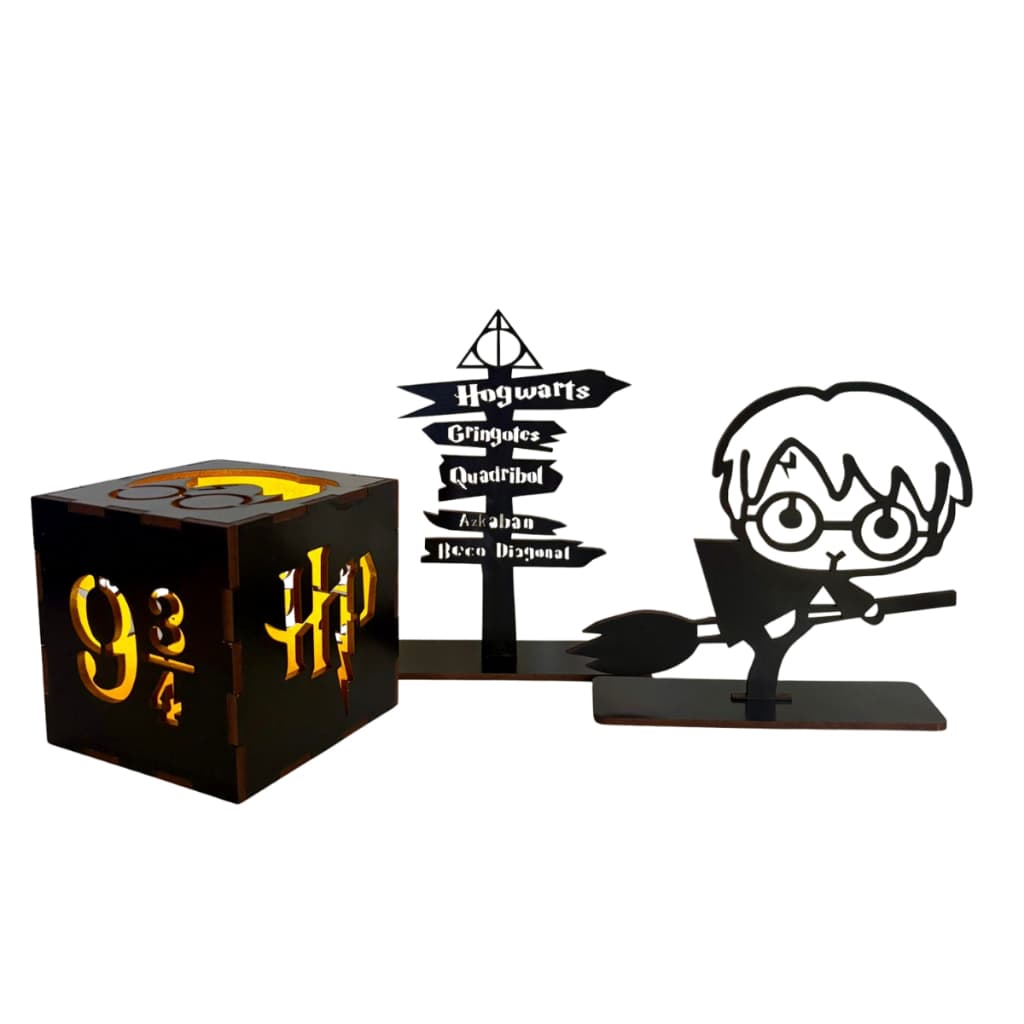 Kit Luminaria Decorativo Bruxo Na Vassoura E Totem Destinos Do Mundo Bruxo
