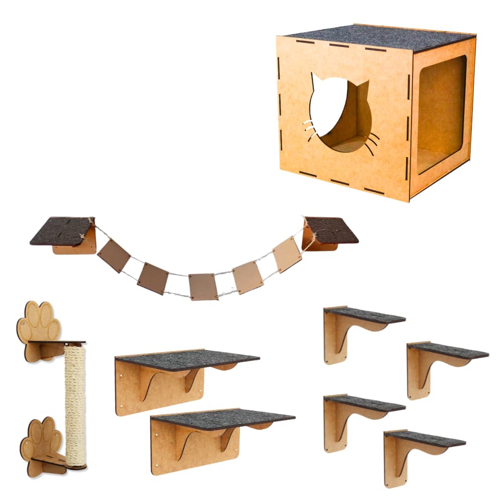 Playground de Gatos 9 Peças Suspensas Brinquedo Gato Nichos Prateleiras Degraus de Parede em MDF