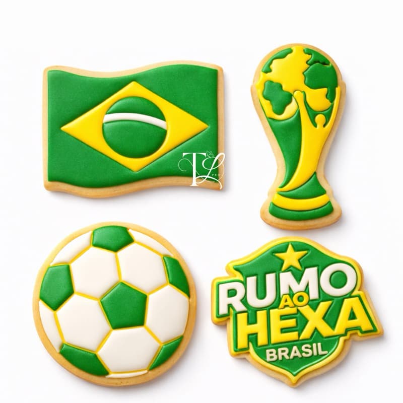 Cortador e Carimbo de Biscoito Copa do mundo de 8cm, 4 peças Artigo de Confeitaria Bandeira do Brasil, Bola, Troféu Copa