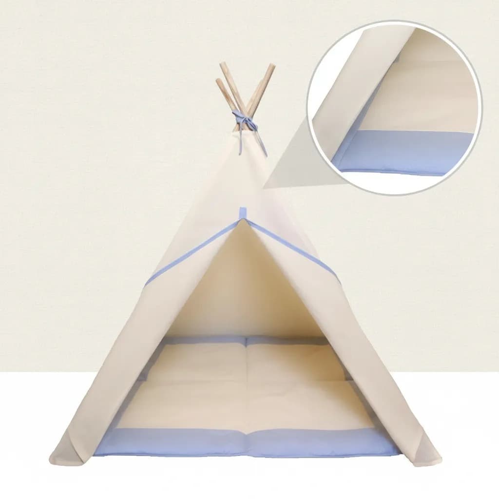 Tenda barraca toca infantil + tapete acolchoado detalhes em azul claro festa do pijama 135x110x110cm