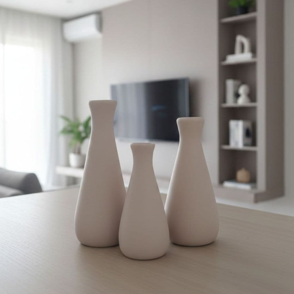 Trio de Vasos Decorativos em Cerâmica Off White Design Minimalista para Sala e Aparador Moderno