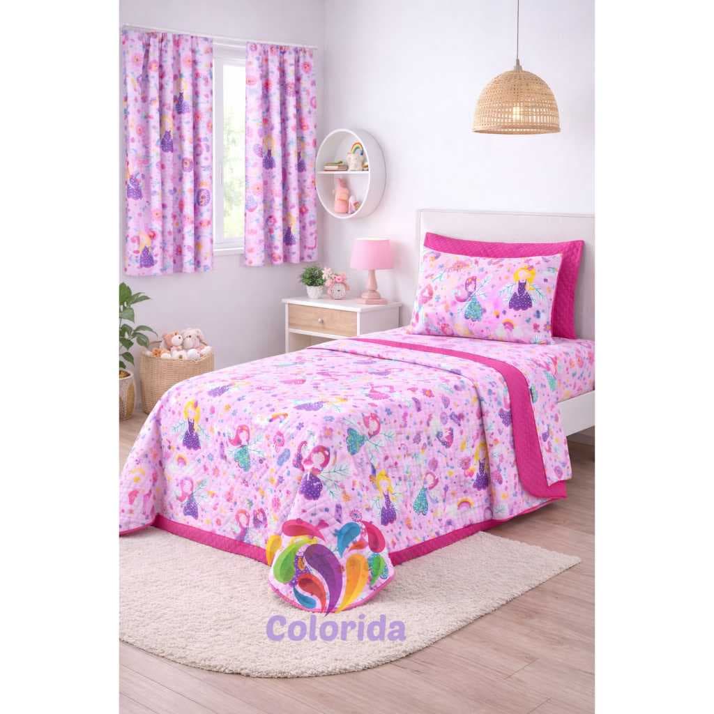 Kit Cobre Leito Solteiro + Cortina 2,00x1,40 Decoração Infantil Quarto