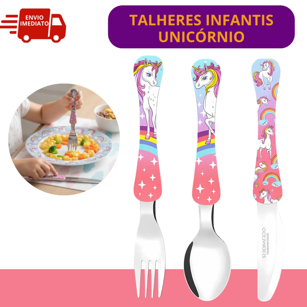 Kit Talheres Volta as Aulas Unicórnio 1 Colher + 1 Faca + 1 Garfo Kit 3 Talher Infantil Lancheira