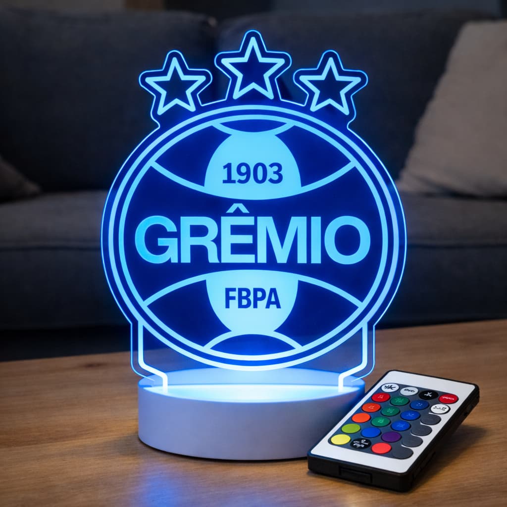 Luminária de LED do GRÊMIO - Campeão Gaúcho 2026 - Base PRETA ou BRANCA - Com CONTROLE REMOTO