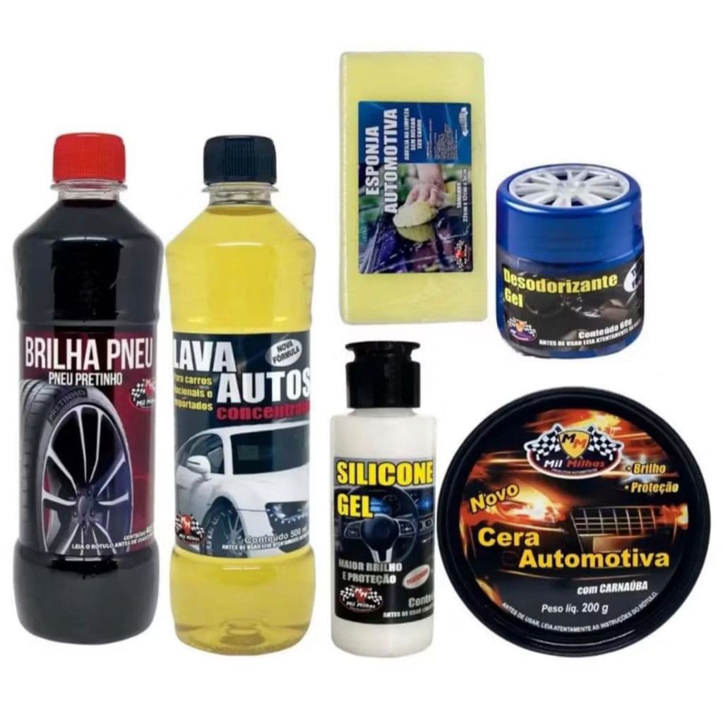 Kit Lava Auto Com Cera 5 em 1Com Lava Autos Pretinho Silicone Desodorizante + Esponja