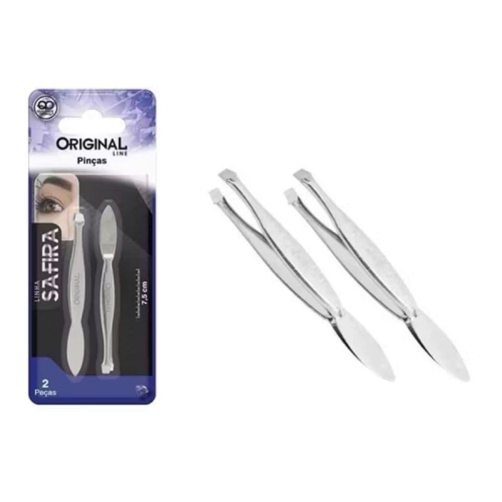 2 Pinças para Sobrancelhas 7,5cm Original Line Aço Inox - Linha Safira Remoção de Pelos