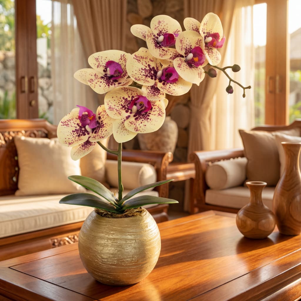 Arranjo Orquídea Creme Aparência Real Silicone Vaso Redondo