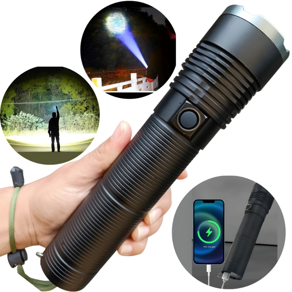 Lanterna Mais Forte Do Mundo Tática Recarregável Alumínio Led Militar Acampamento Pesca Super Forte