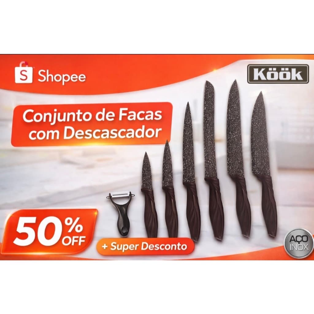 Conjunto de Facas 6 Peças com Descascador KÖÖK – Aço Inox, Alta Durabilidade e Corte Preciso