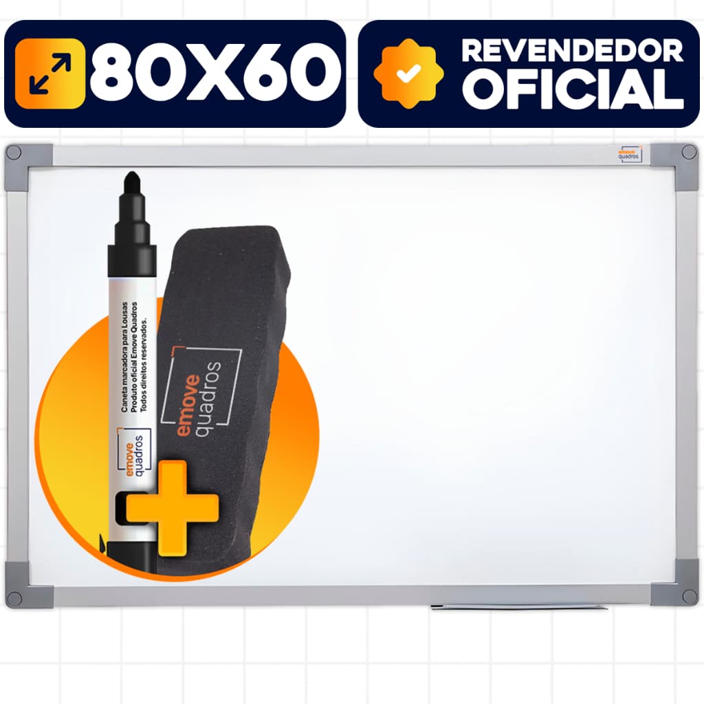 Lousa Branca 80x60cm Quadro Branco Moldura Alumínio + 1 Caneta + 1 Apagador Escolar Aulas Stalo