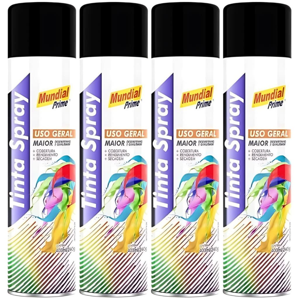 4 Tinta Spray 400ml Mundial Prime Preto Fosco Spray Uso Geral