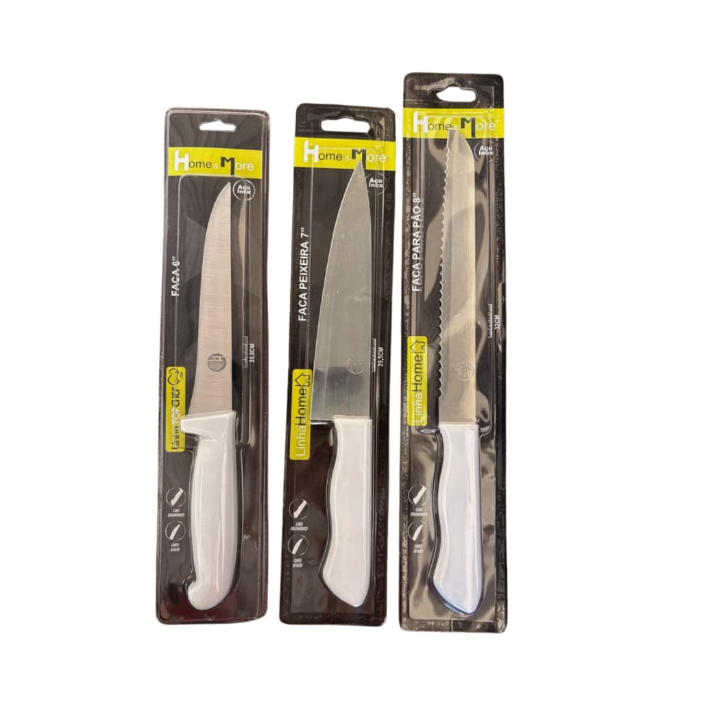 FACA PAO 8" DESOSSA 6" E PEIXEIRA 7" AÇO INOX E CABO DE MADEIRA