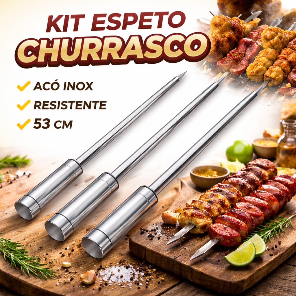Kit Espeto Churrasco Inox Profissional Resistente Para Churrasqueira 3 Peças