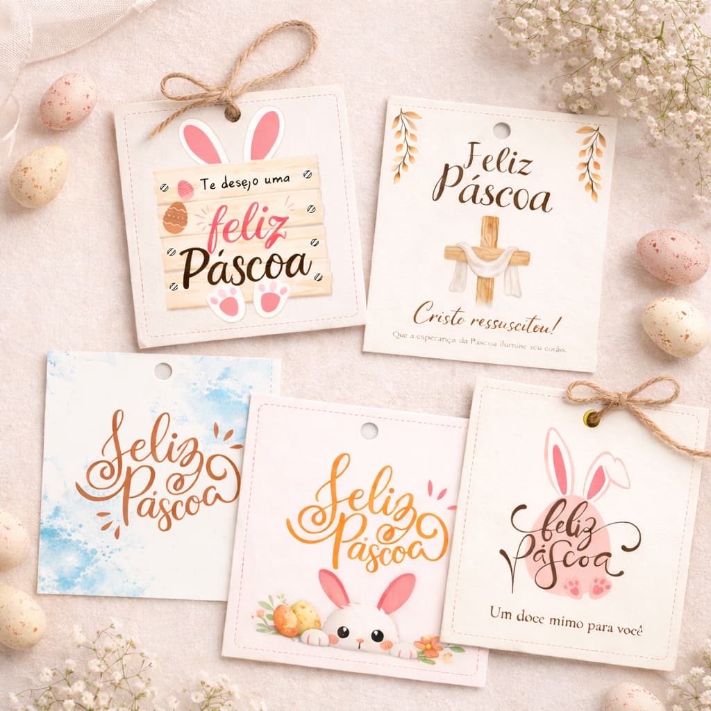 Cartão/Tag Feliz Páscoa 5x5cm Com Furo | Mimo Páscoa | Tag para Embalagem | Lembrancinha Páscoa