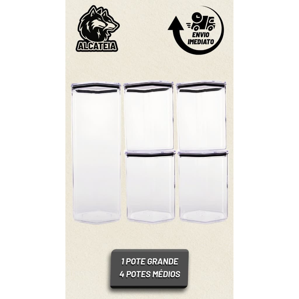 Kit Com 5 Potes Hermeticos Sextavado Acrílico