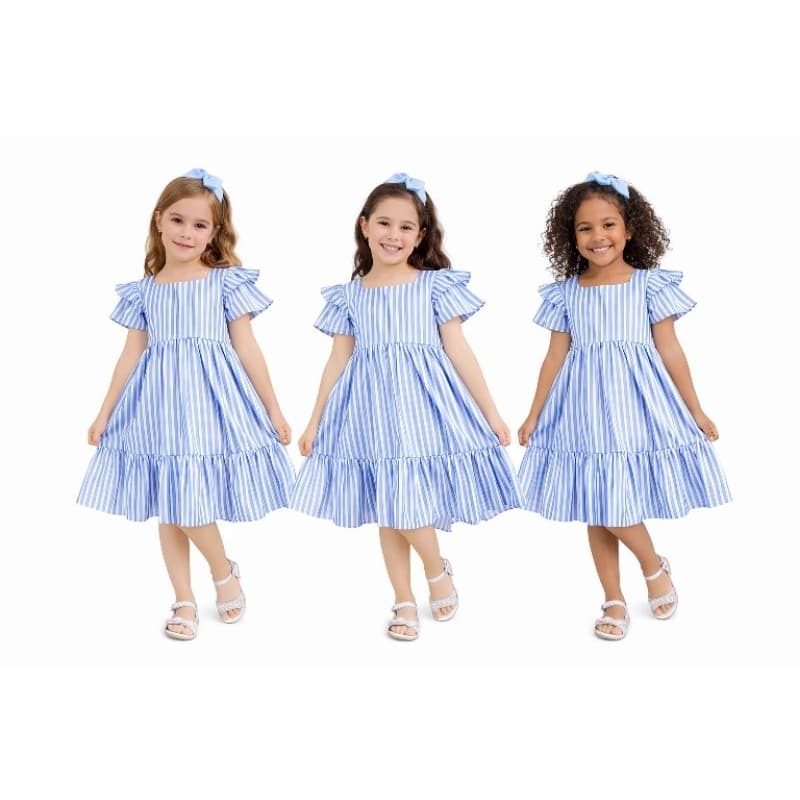 Vestido manguinha dupla Infantil Feminino Listrado Azul e Branco 100% Algodão – Manga Babado Midi Moda Verão