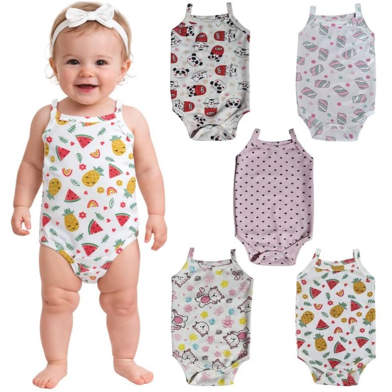 Kit com 5 Body de Alcinha Bebê Infantil - Estampado