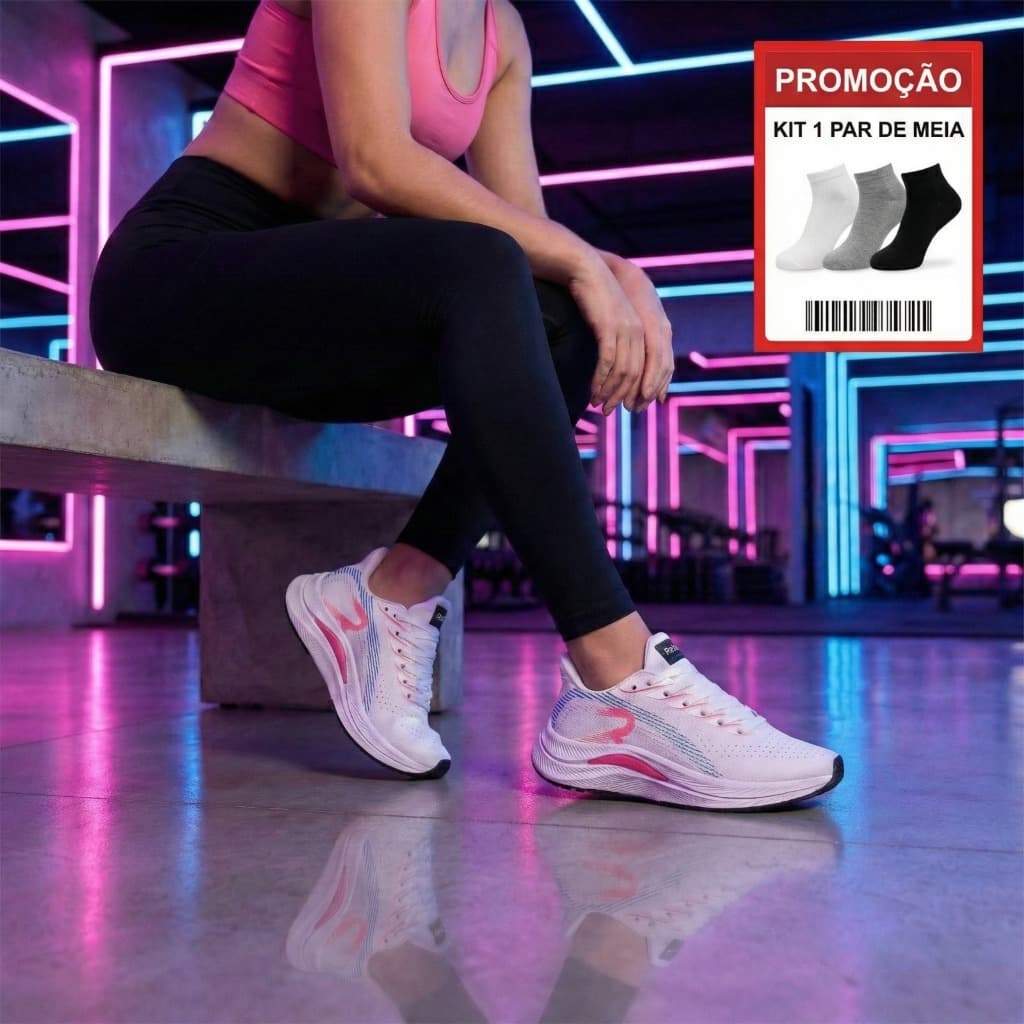 Kit Tênis Feminino Esportivo Branco Rouder Para Academia + 1 Par De Meia