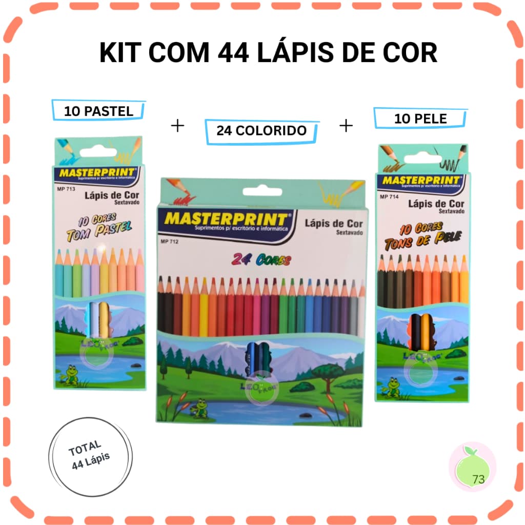 Lápis de Cor Kit 44 Lapis (24 CORES + 10 Cores Tom Pastel +10 Cores Tons de Pele) Escolar Sextavado