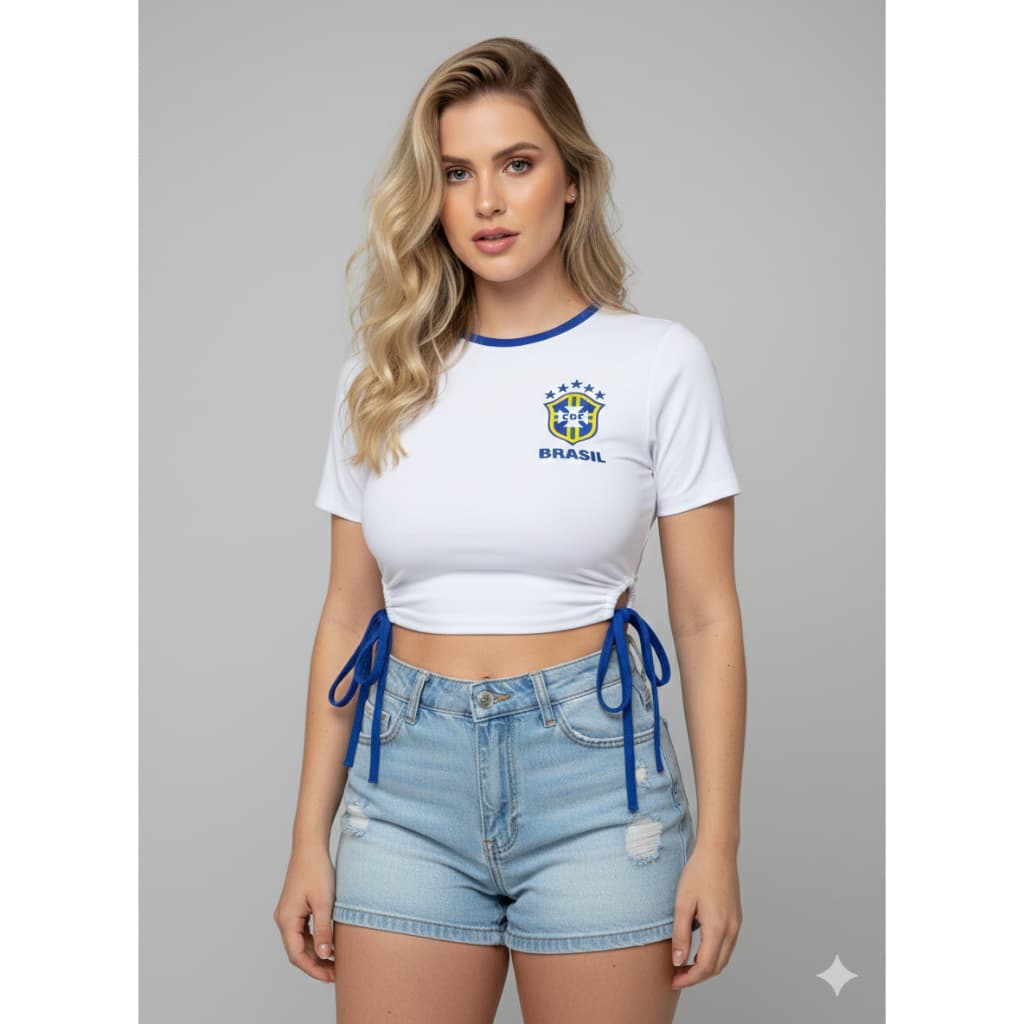 Cropped do Brasil Feminino Manga Curta com Amarração Lateral Copa 2026 Suplex Premium Alta Qualidade