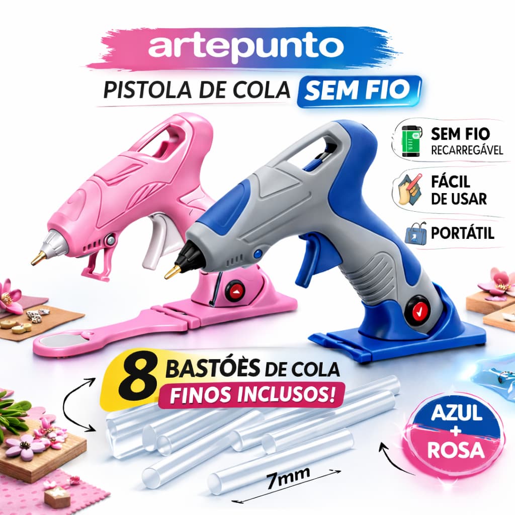Pistola De Cola Quente Sem Fio Pink ou Azul Artepunto Artesanato com 8 bastões de cola