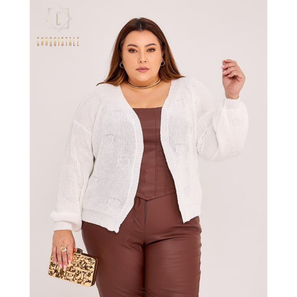 Blusa Feminina Cardigan Tricot Plus Size Manga Comprida Casaco Tricô Inverno