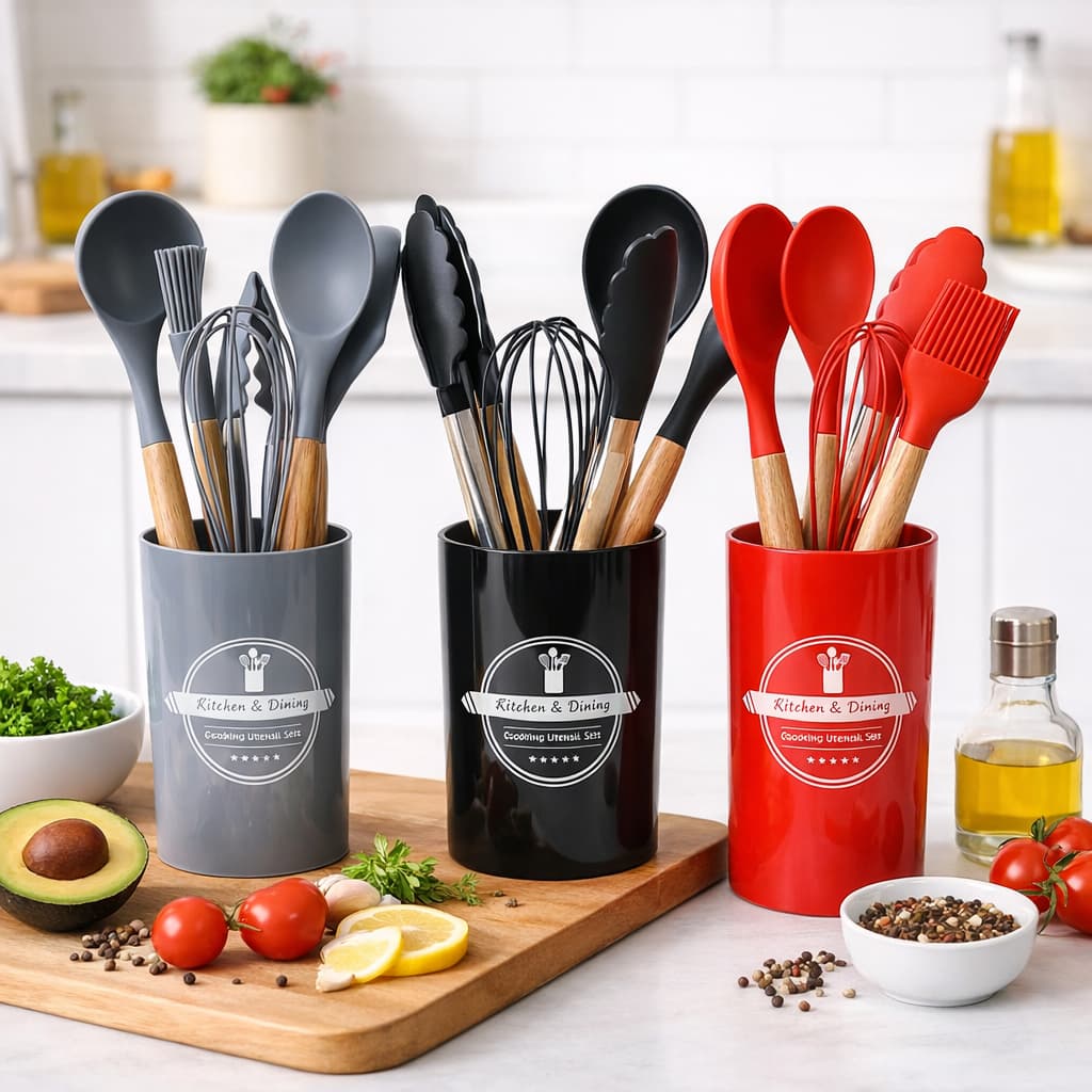 Conjunto de Utensílios de Cozinha 7 Peças em Silicone com Cabo de Madeira – Antiaderente e Durável