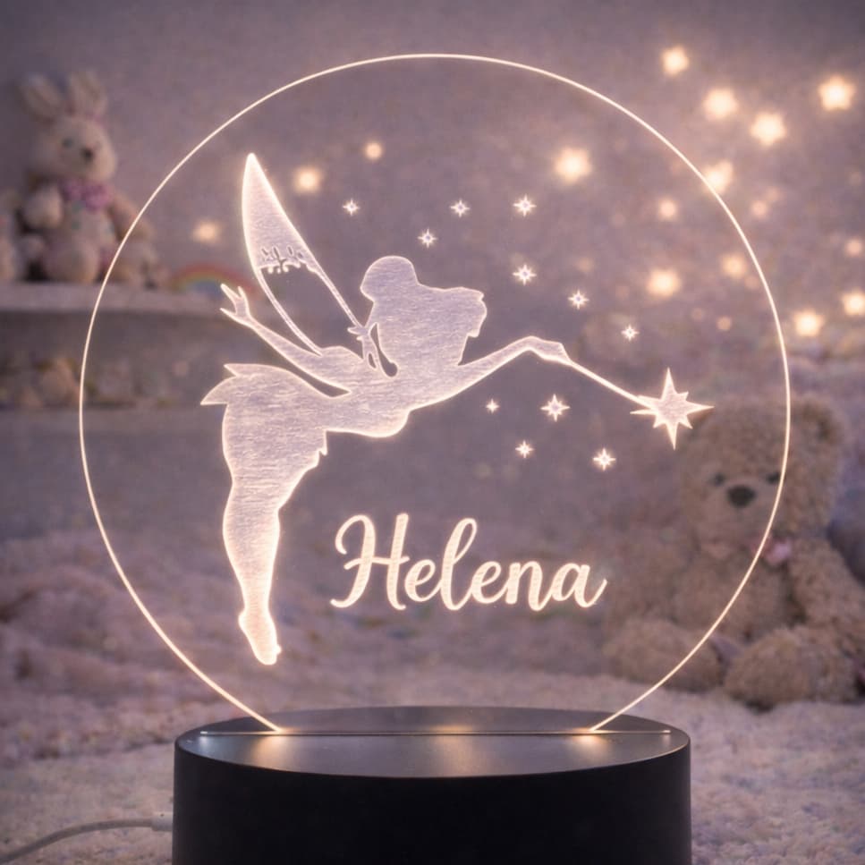 Luminária Acrílica LED Personalizada Infantil -Tema Tinker Bell com Nome