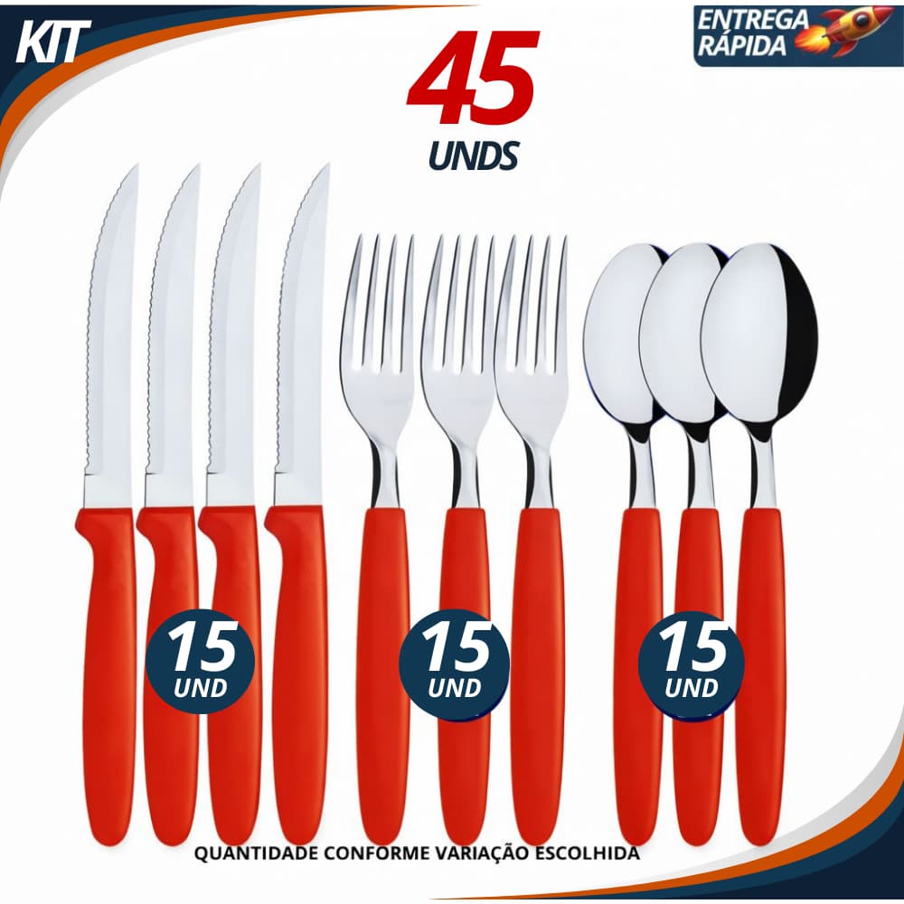Kit Talheres Inox 9/18/27/45 Peças Facas Garfos Colheres Cabo Vermelho Mesa Cozinha
