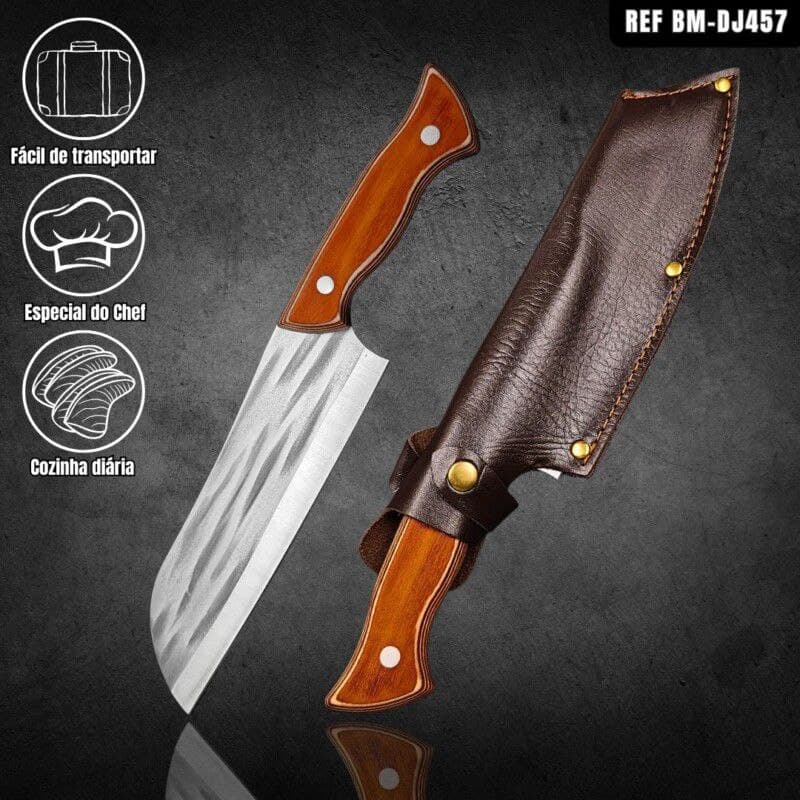 Faca do Chef Full Tang 32cm em Aço Inoxidável e Cabo de Madeira + Bainha de Couro-BM