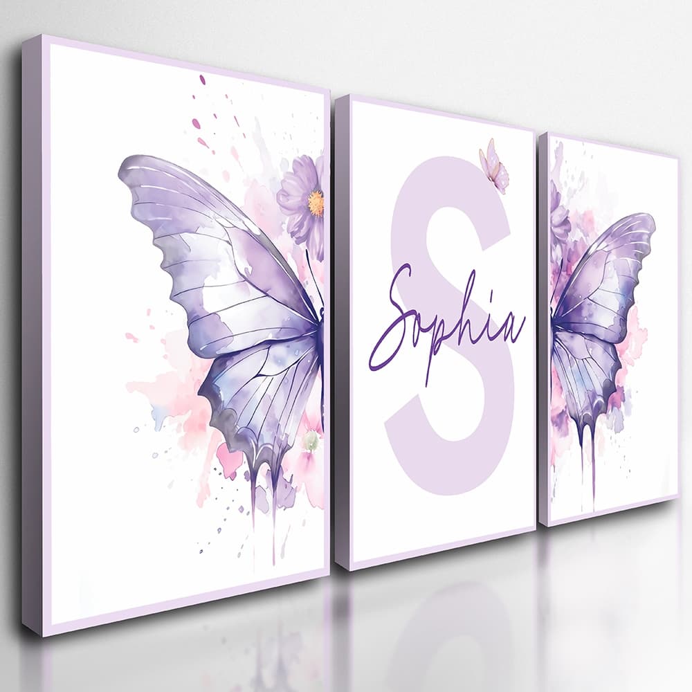 Kit 3 Quadros Decorativos Infantil Menina Borboletas Lilás Personalizado com Nome para Quarto