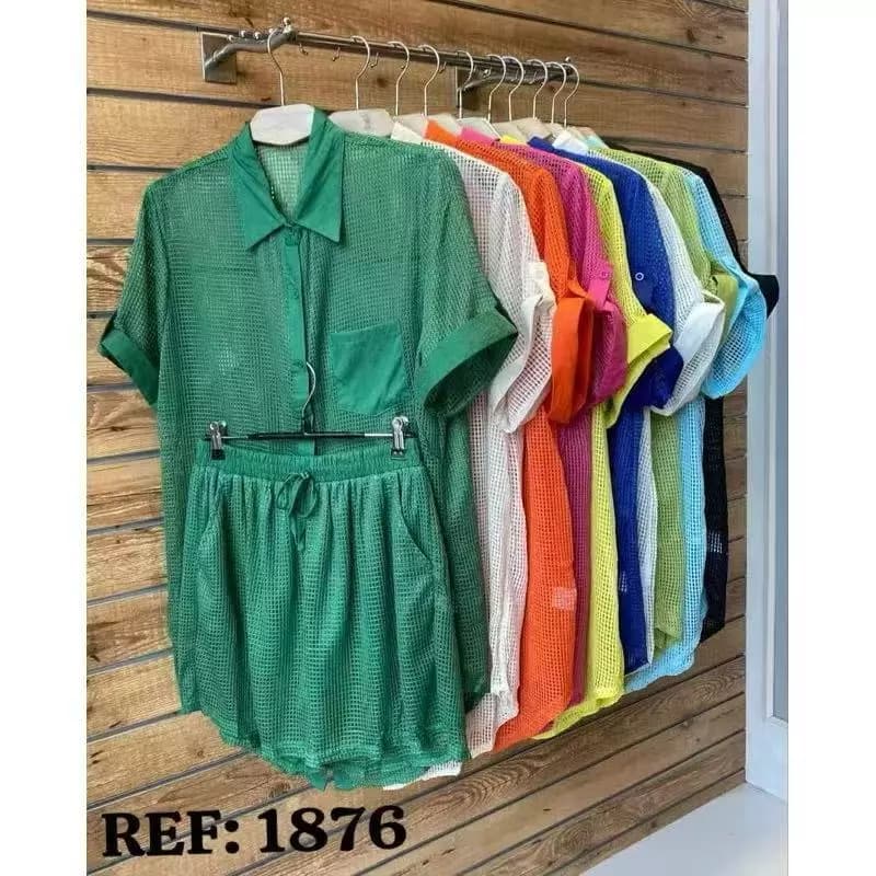 Conjunto de blusa de praia para mulheres: saia camisa de manga curta e shorts com bolsos laterais. Adequado apenas para