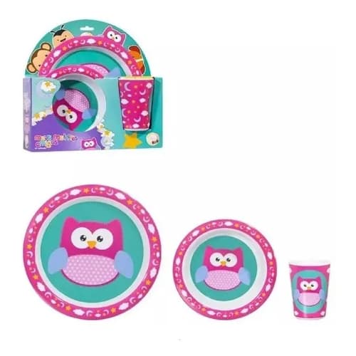 Kit Refeição Infantil 3 Peças Prato + Tijela + Copo Coruja
