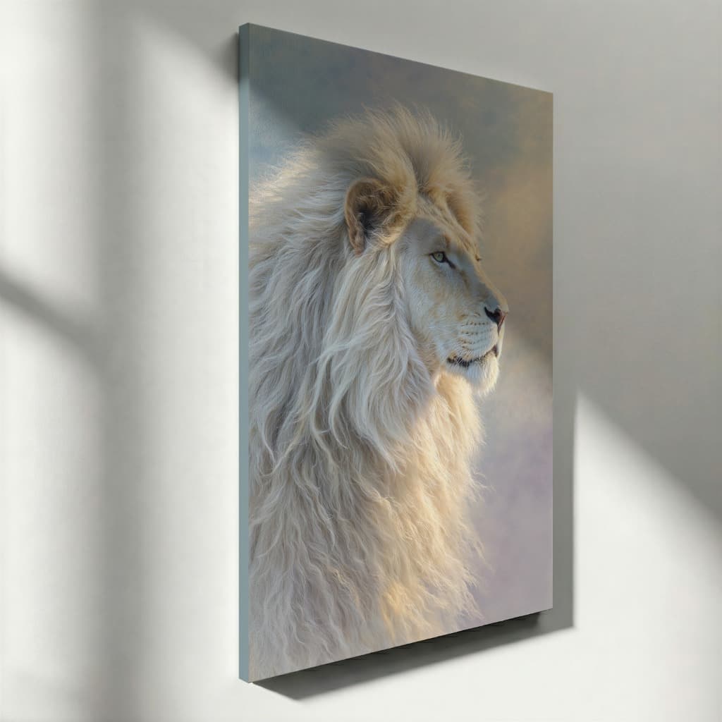 Quadro Decorativo Leão Branco Arte Realista Tela Vertical Luxo Sofisticação Natureza