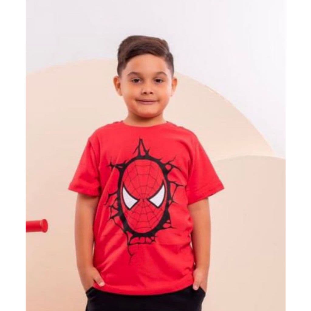 Camisa Infantil Homem Aranha Algodão 100% Estampada Gola Ribana Vermelha Tamanho 1 ao 12 Anos Menino