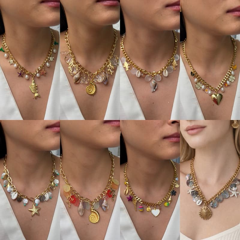 Colar Feminino Corrente Dourada com Pingentes | Concha, Estrela, Coração, Praia Verão - Penduricalhos - Pingente