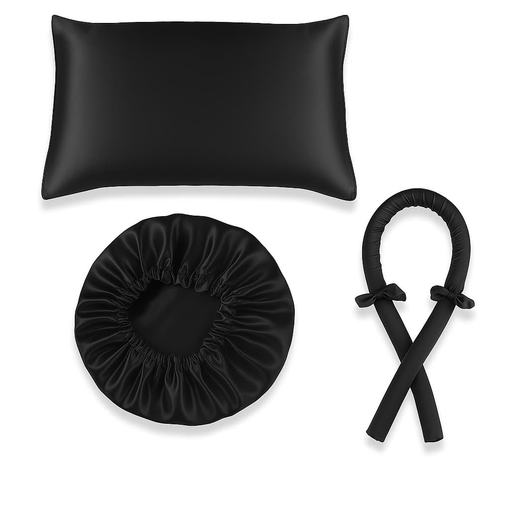 Kit Cetim 1 Touca de Cetim + 1 Fronha de Cetim + 1 Modelador Curling Rod + 2 Xuxinha Cacho Cor Preto