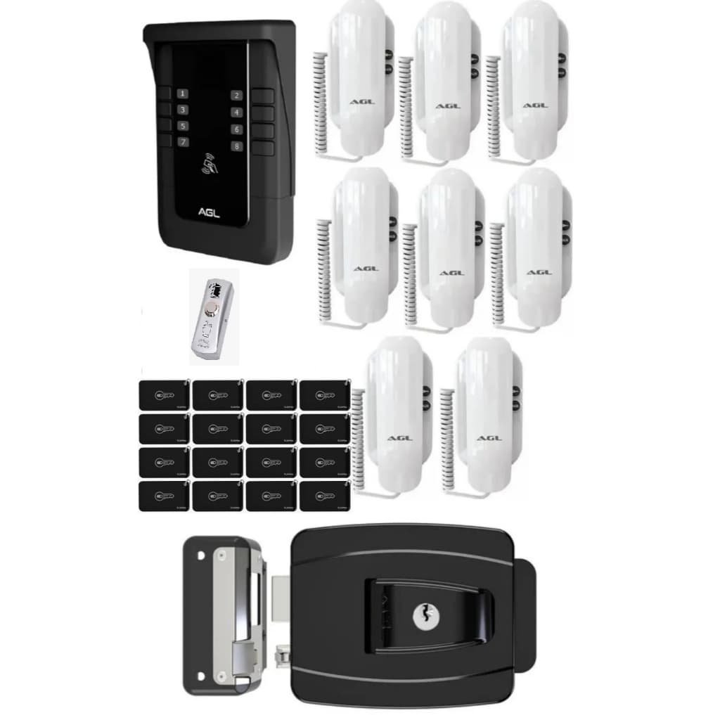 KIT PORTEIRO COLETIVO AGL S500 8 PONTOS BLUETOOTH+ 8 MONOFONES + 16 TAG + FECHADURA + BOTOEIRA INOX