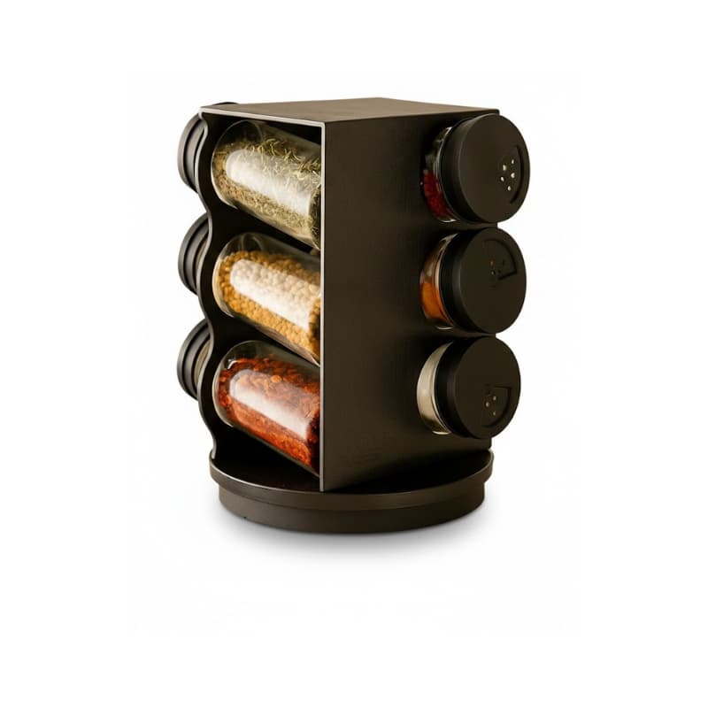 Suporte Giratorio Porta Temperos Condimentos Com 06 Potes Plásticos Preto 80ml Organizador Cozinha