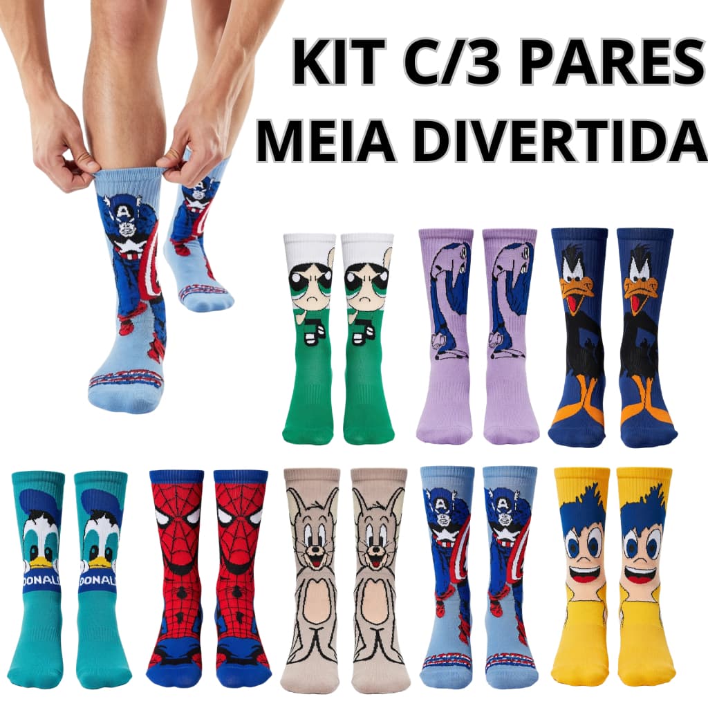 Kit 3 Pares Meia Temática Desenhos Personagens Divertida Maluca Algodão Unissex Academia Cano Longo