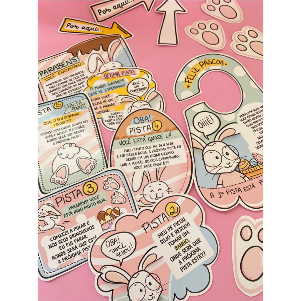 Kit Caça Aos Ovos de Pácoa Com 5 Pistas e Patinhas de Coelho / Menino ou Menina