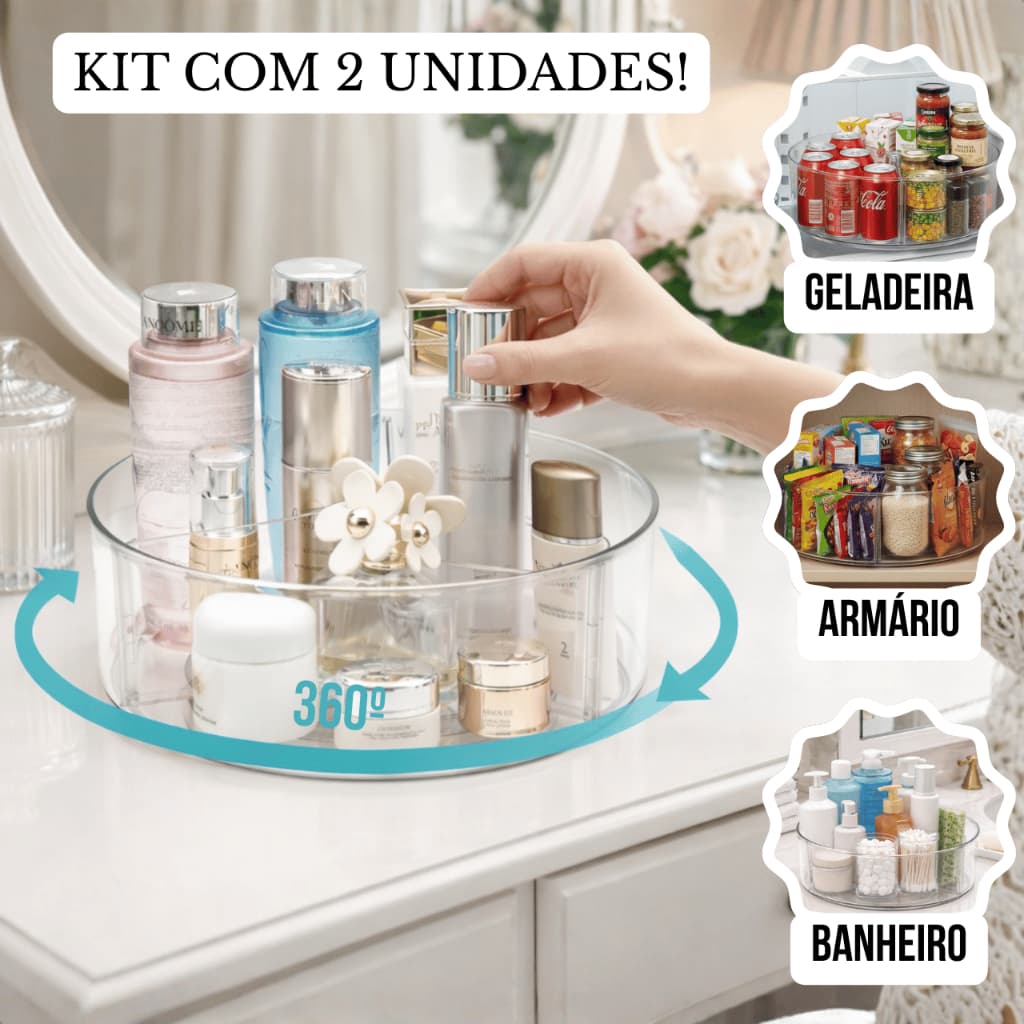Organizador Multiuso Rotativo Giratório 360º Transparente Para Maquiagem Cosméticos Armário Cozinha