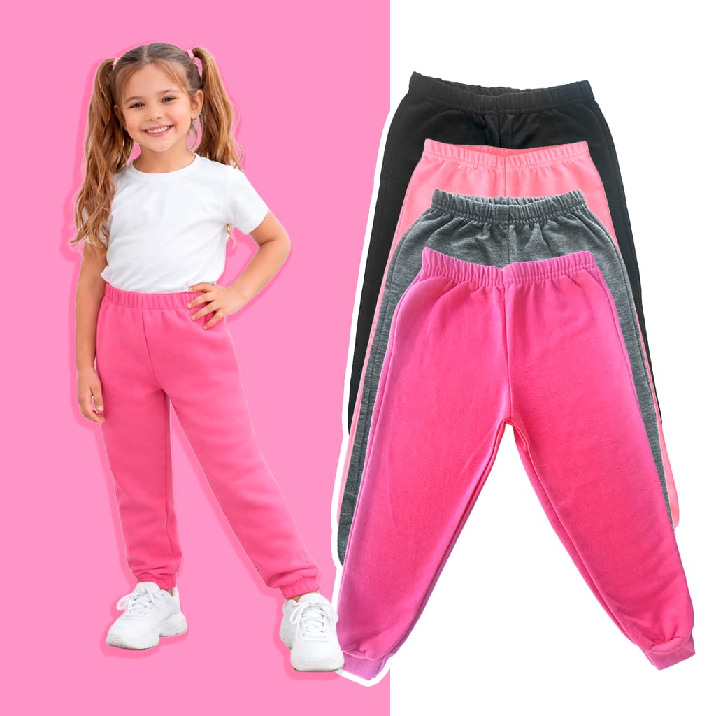 Kit 4 Calças Moletom Feminina Rosa Pink Rosa Preta Cinza Infantil Juvenil Flanelada com Elástico