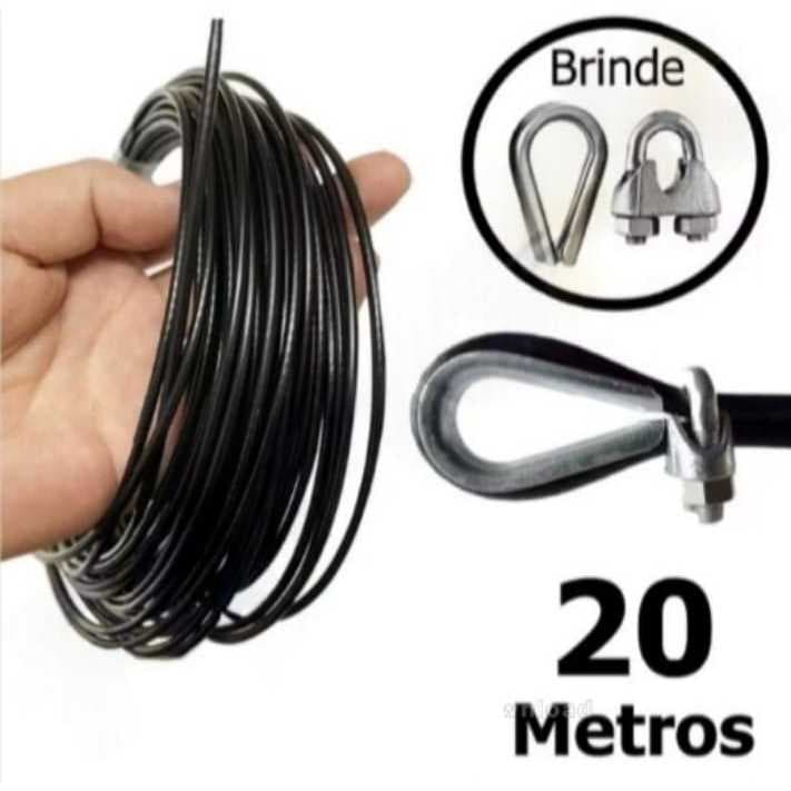 Cabo De Aço Revestido 3/16 6x19 Super Resistente Para Reparo Aparelhos Academia 3/16 - 20 Metros + 1 Sapatilha 1 Clip